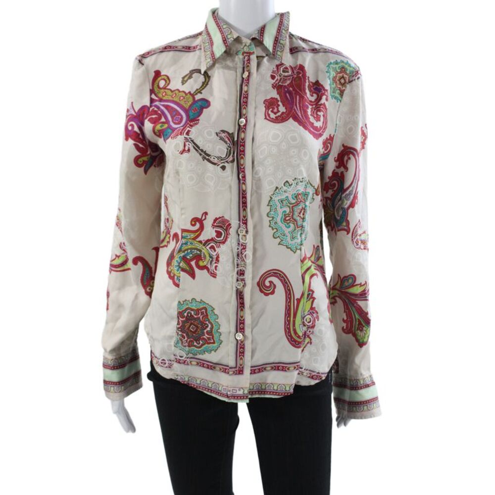 Etro Milano Women Silk Paisley Collared Button Up Long Sleeve Beige Size 46